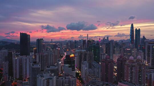 深圳罗湖高楼大厦罗湖夜景罗湖晚霞罗湖火烧云航拍上升