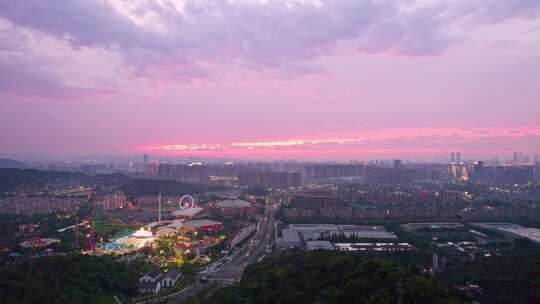 杭州萧山城市日落黄昏风景航拍