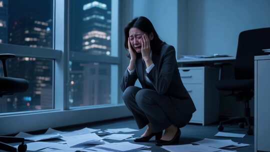 办公室内女商人沮丧抱头