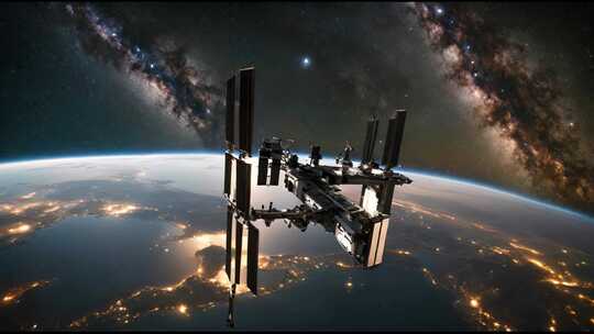 4K-超清夜景地球上空的国际空间站视频素材模板下载
