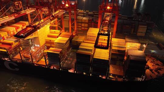 货运集装箱港口夜景航拍视频素材模板下载
