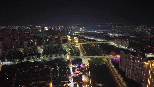 鸟瞰安徽芜湖城市夜景全景航拍