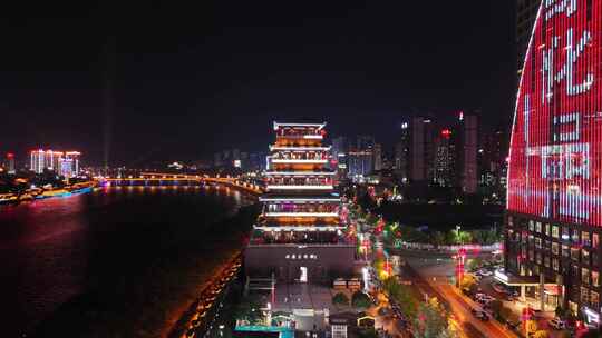 陕西安康美术馆夜景安康西城阁夜景航拍