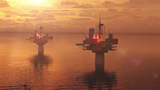 海洋中的石油或天然气生产。采矿平台，