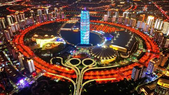 中国河南郑州郑东新区CBD夜景航拍视频素材模板下载