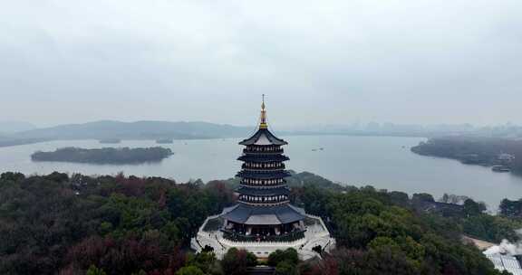 中国杭州西湖雷峰塔烟雨江南航拍