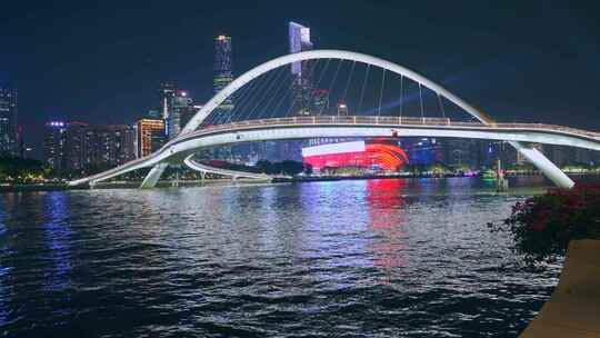 广州珠江海心桥与珠江新城摩天大楼夜景灯光视频素材模板下载