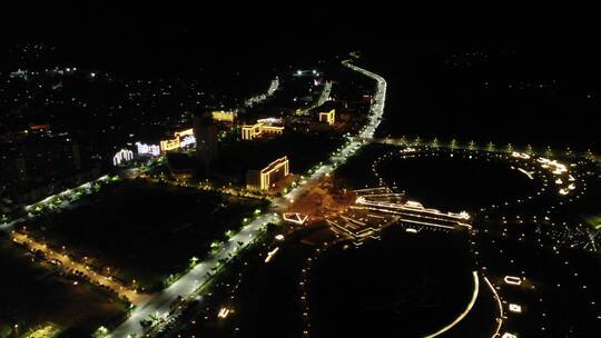 城市夜景灯光车流湖水航拍