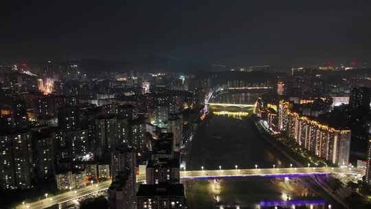 四川达州州河两岸夜景灯光航拍