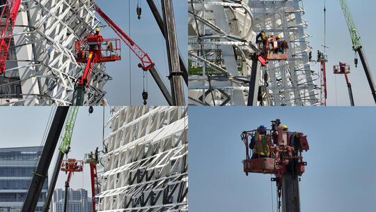 建筑工地上工人使用升降高空作业车工程机械高清在线视频素材下载