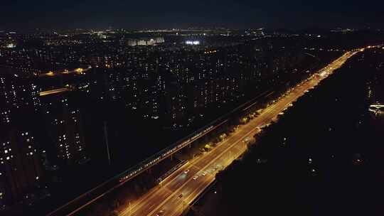 航拍上海城市轨道交通夜景视频素材模板下载