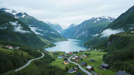 挪威山谷湖泊村庄风景