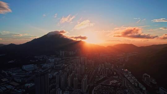 航拍深圳盐田梧桐山日落夕阳