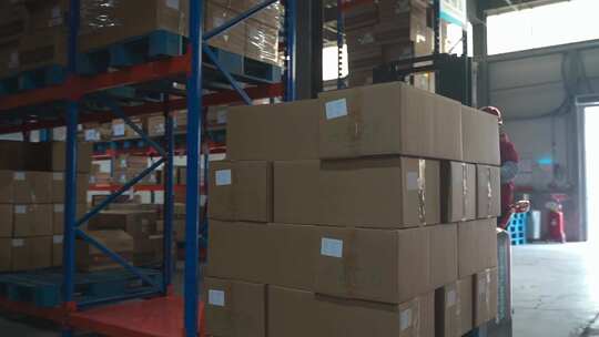 仓库工人操作叉车搬运货物
