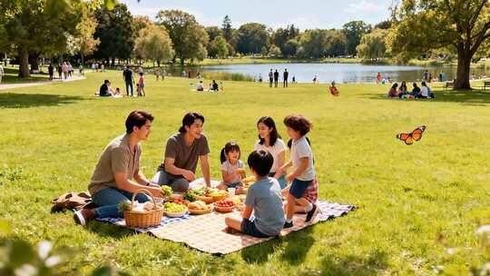 一家人公园草地野餐场景
