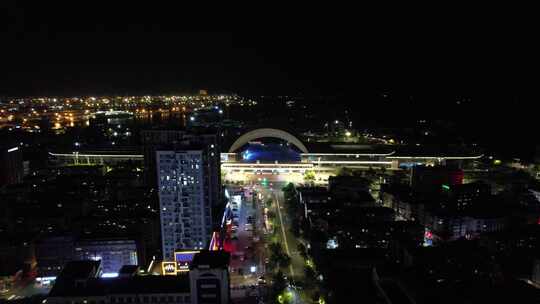 烟台火车站夜景灯光航拍