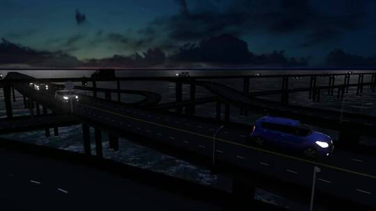 立体海上立交桥夜间交通动画