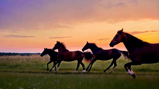 草原上骏马在夕阳下尽情驰骋