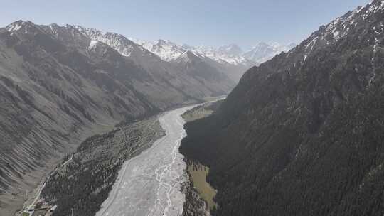 航拍新疆夏塔古道雪山森林草原