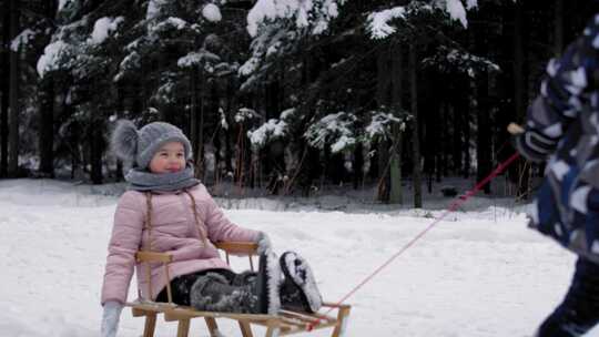 孩子们，雪橇，雪，树林