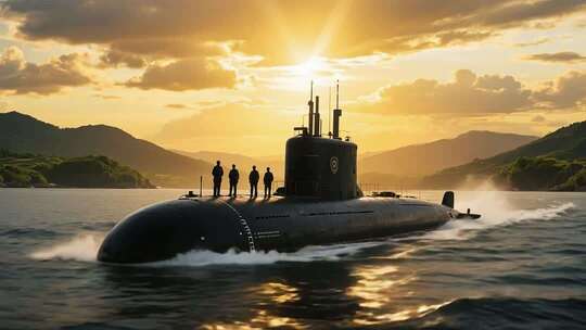 海面潜艇与人物日落场景