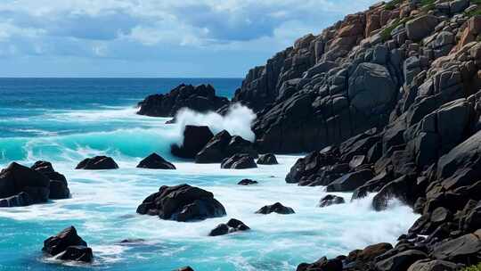 海浪拍打礁石海岸景观