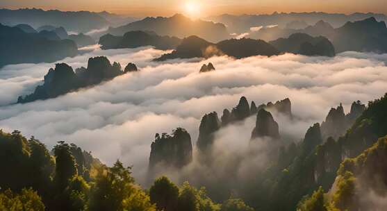 张家界山峰云海山脉日出风景云雾大自然奇峰