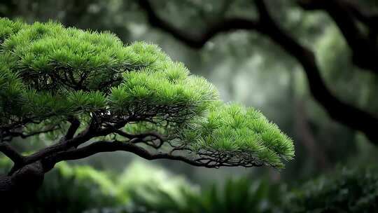 唐风松树翠绿欲滴展现东方古典意境