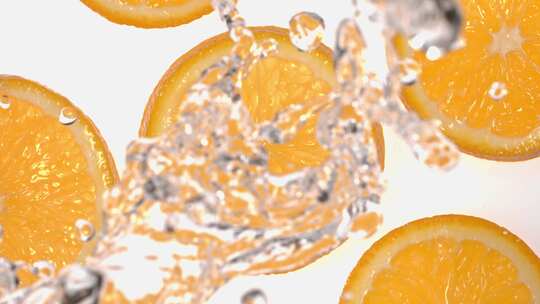 俯拍水泼向白背景上的橙子切片 4k慢镜头