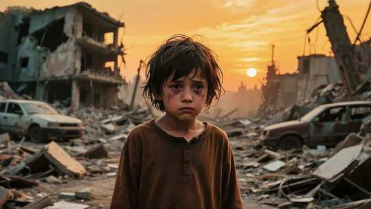 废墟前的孩童特写素材