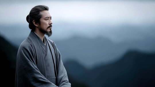 唐朝男子山巅静思眺望远方