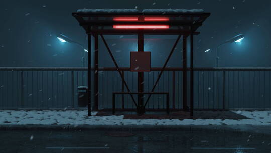 雪夜街道上的公交站