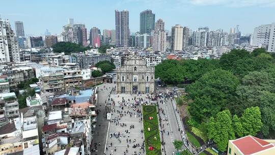 澳门大三巴牌坊航拍历史文化遗址城市建筑视频素材模板下载