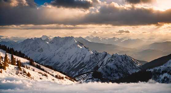 雪山云雾森林阳光树林远山峰大自然生态风景