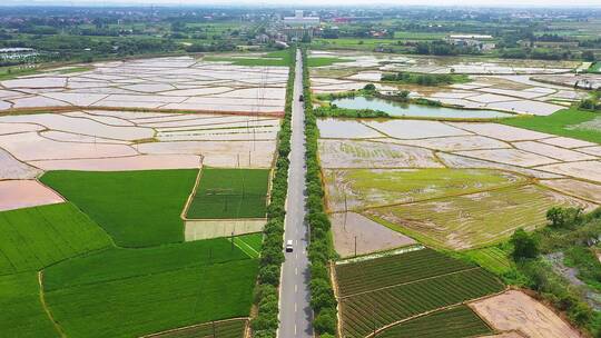 航拍从田园中穿过的道路