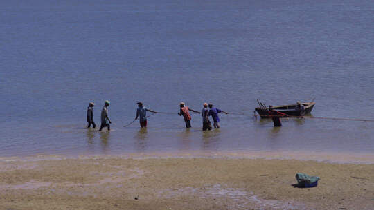 非洲坦桑尼亚渔民在海边拉网作业