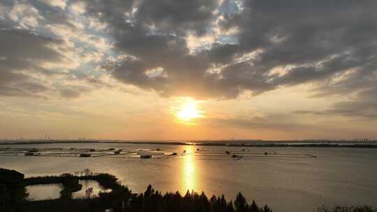 4K航拍苏州阳澄湖日落大景