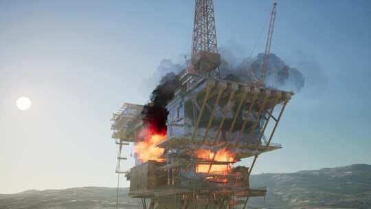 海上石油钻井平台着火燃烧视频素材模板下载