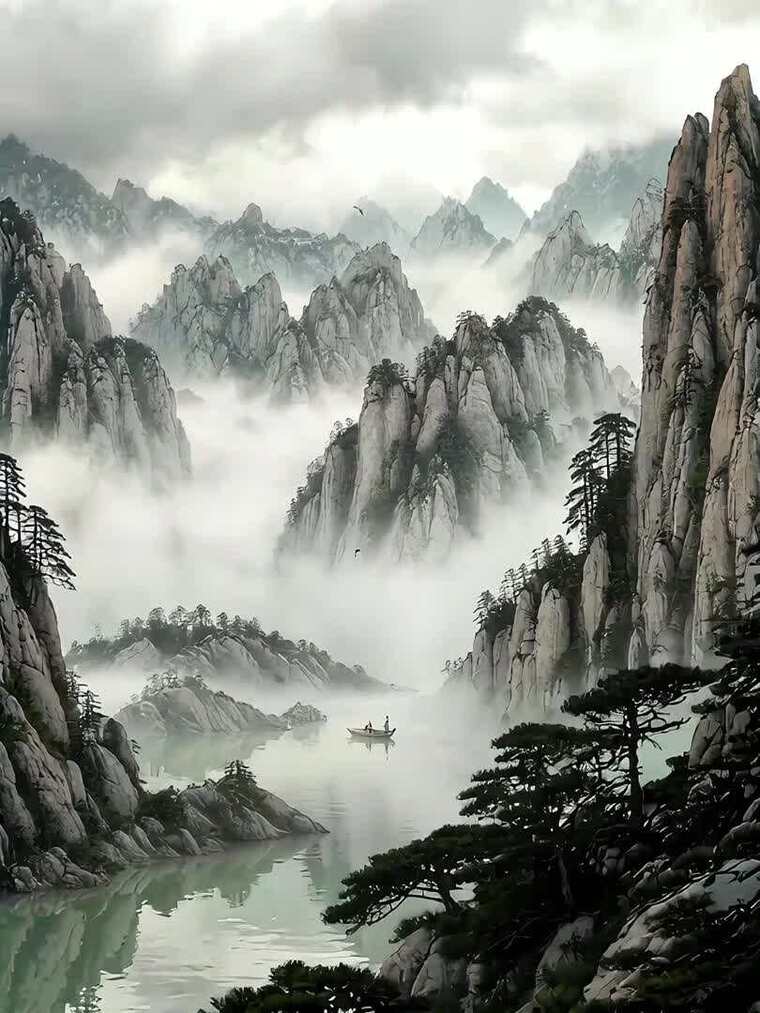 山水间云雾缭绕的中式风景