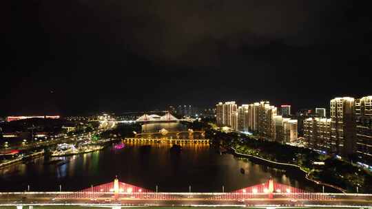 航拍福建漳州城市夜景灯光交通