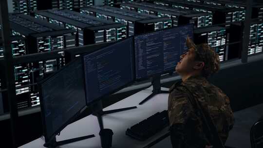 亚洲军队在数据中心编写代码时背痛的侧视图