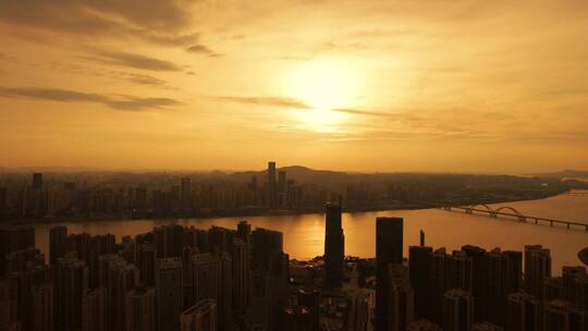 长沙城市夕阳湘江全景夕阳晚霞航拍