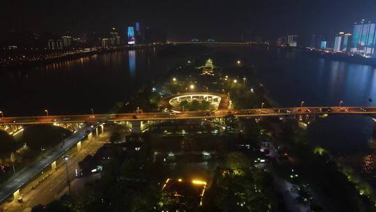 湖南长沙湘江橘子洲城市夜景灯光秀航拍