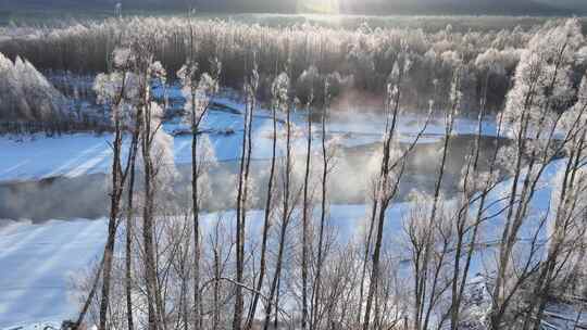 航拍雪原冰河冻雾树林朝阳