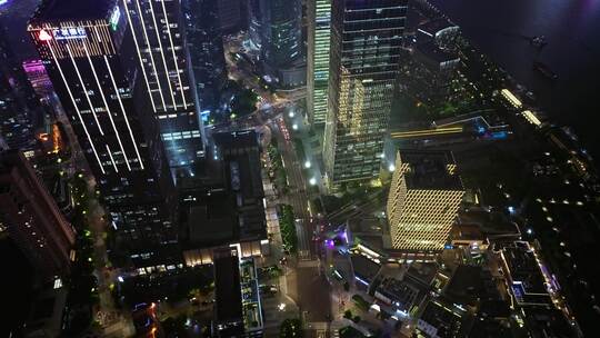 航拍上海陆家嘴高金融中心密集高楼群夜景