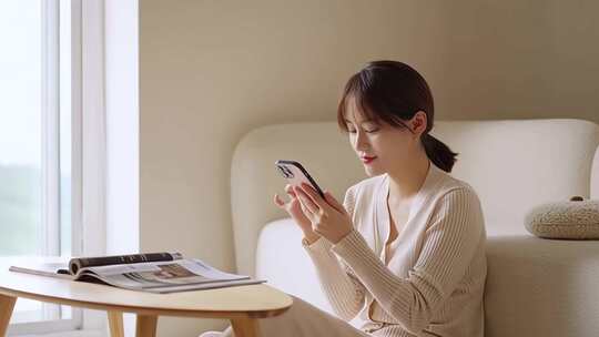 室内女子坐沙发看手机