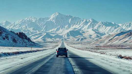 行驶在雪山公路上的汽车