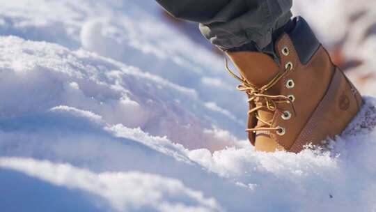 雪地中行走的户外靴特写