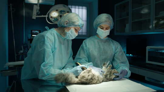 兽医和护士在手术室刮猫肚子