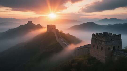 航拍云雾缭绕的壮美万里长城云海日出延时